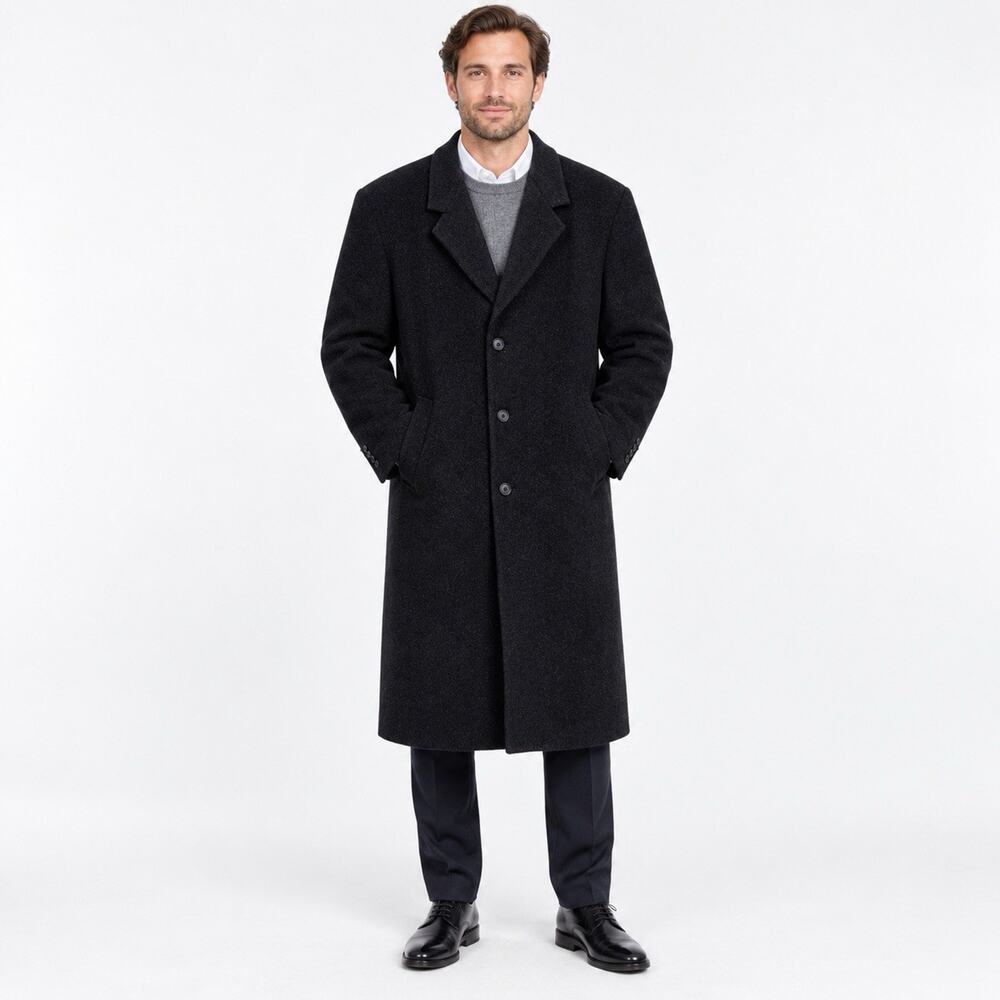 London Fog Black Cashmere Wool Men's Large Long Overcoat Button Lined Pockets